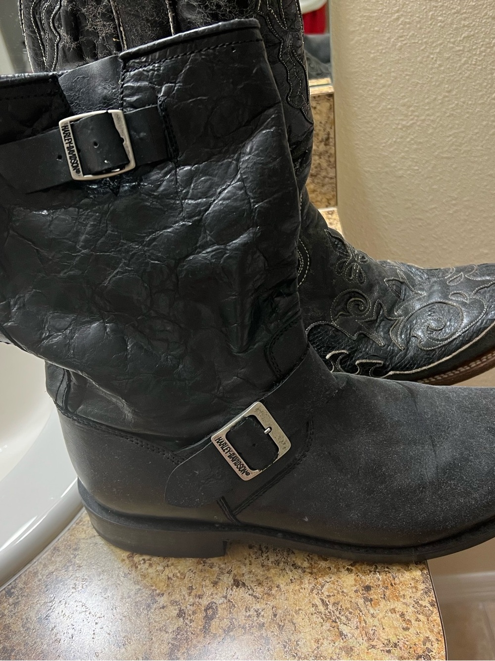 Harley-Davidson Black Leather Cowboy Boots with Silver Buckles